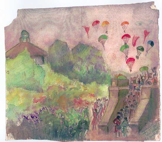 Sketch of coloured parachutes bringing food, clothes and medicine